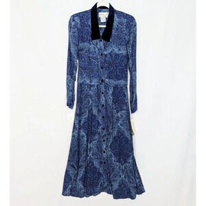 Vintage 80s 90s Karin Stevens 14 Maxi Dress Long Sleeves Velvet Collar Buttons